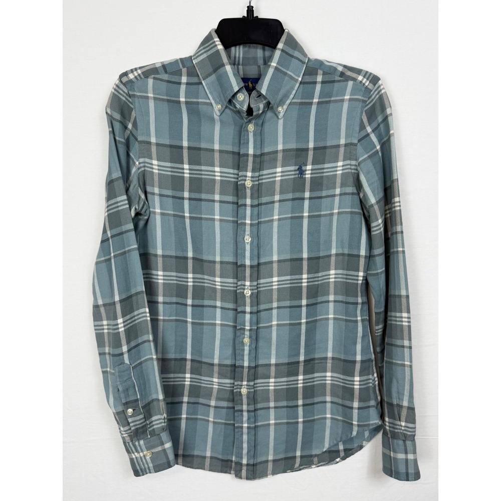 Ralph Lauren Men 100% Cotton Shirt XS Blue Plaid Flannel Button Down Long Sleeve